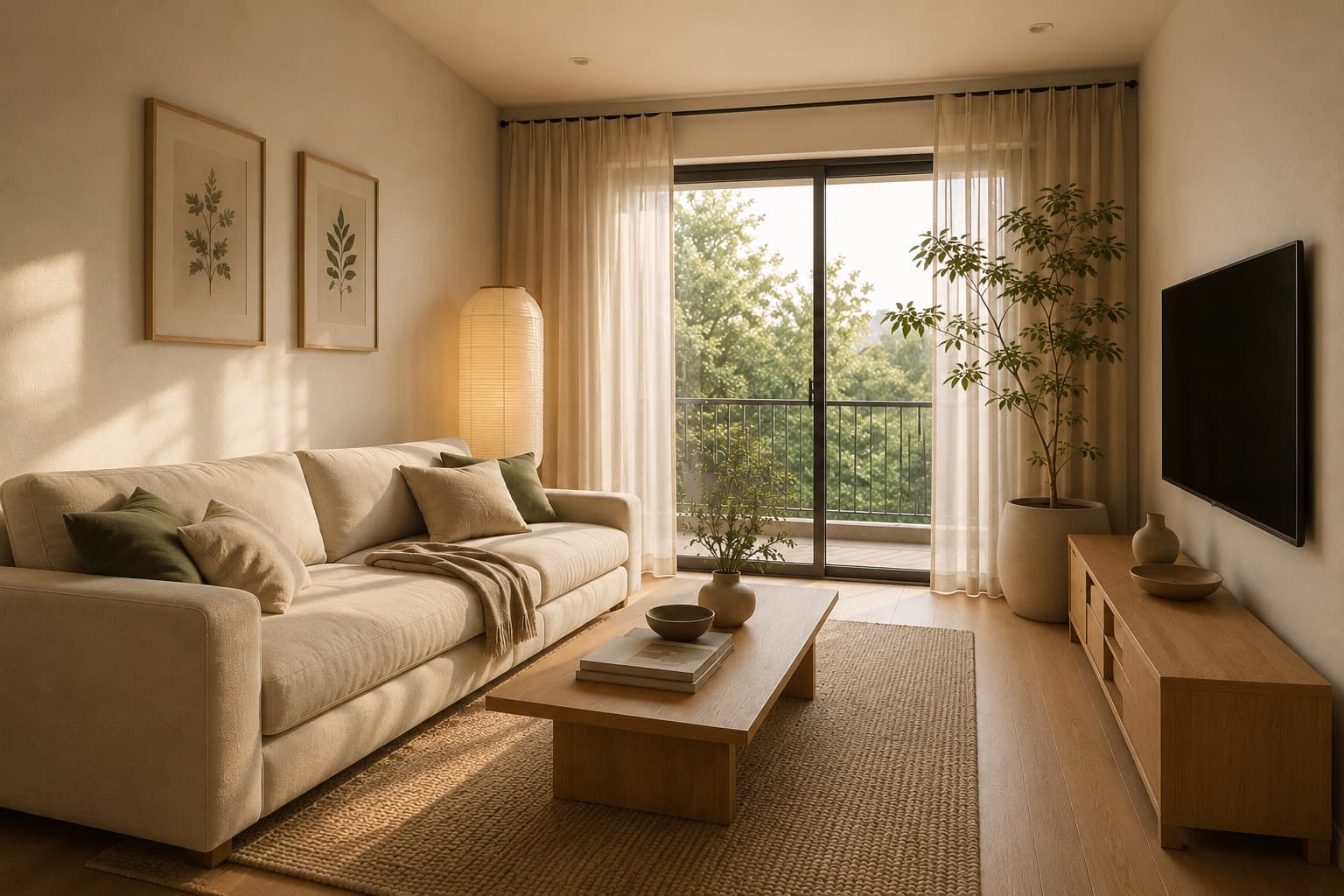 Japandi living room render generated from a floor plan